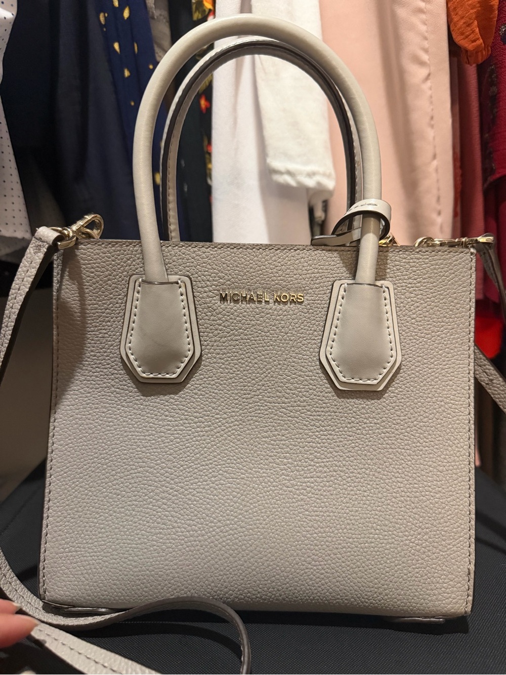 Michael Kors Light Gray Leather Satchel with Gold Hardware